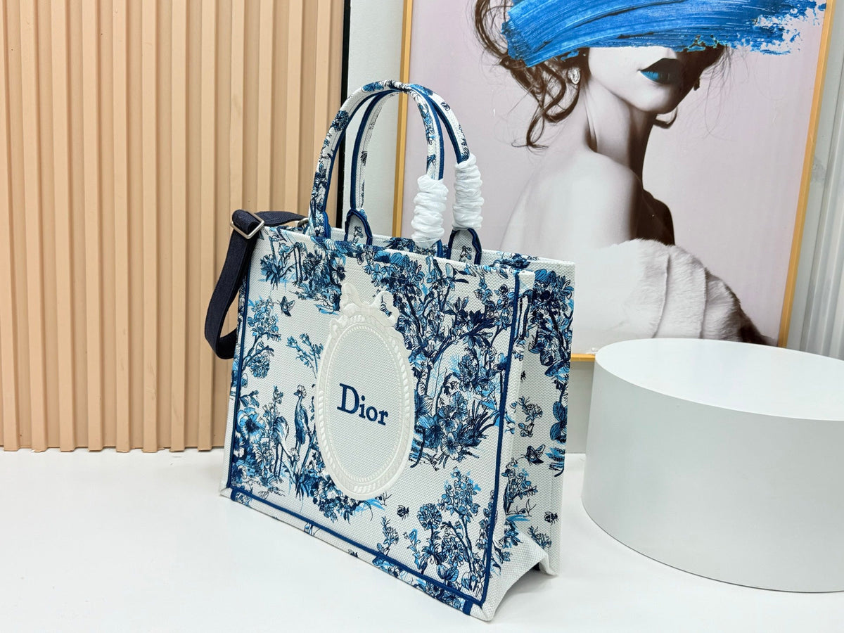 Dior Book Tote With Strap Blue Toile De Jouy Floral Garden Canvas
