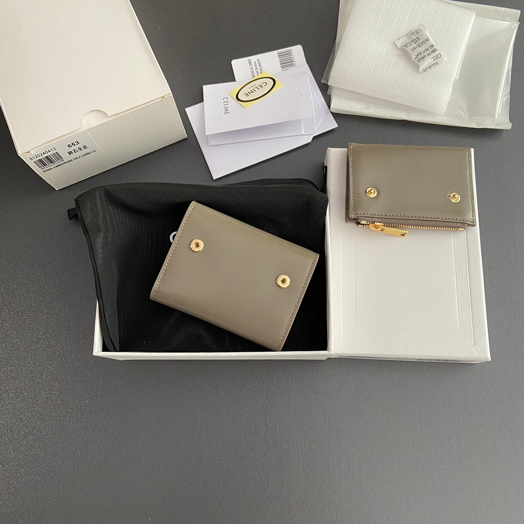 TRIOMPHE Compact Wallet With Coin Purse Modern Taupe Leather