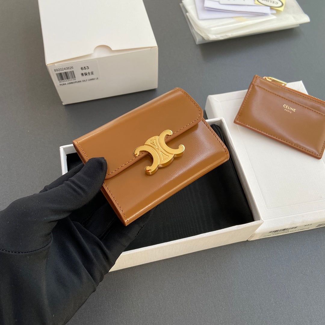 TRIOMPHE Compact Wallet With Coin Purse Tan Leather