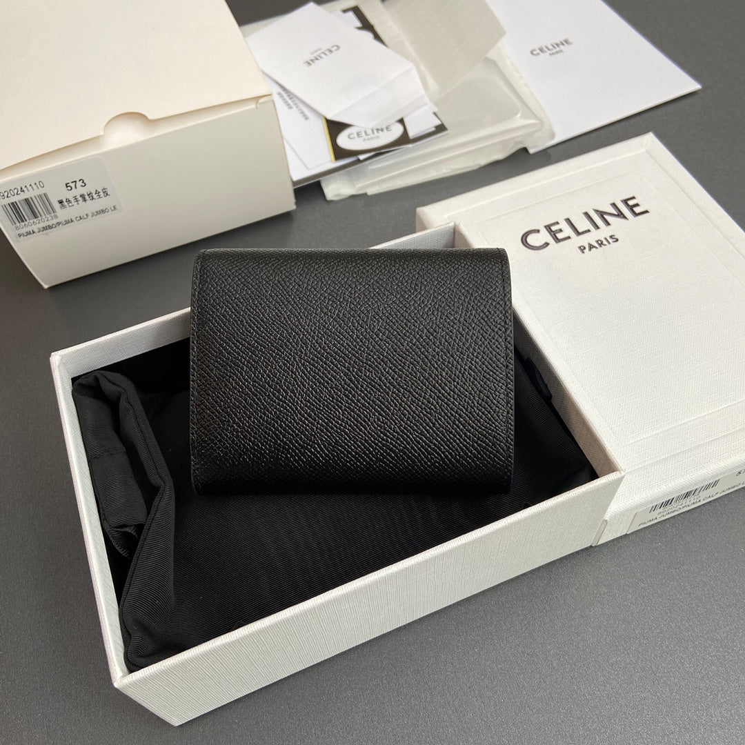 TRIOMPHE Tri-fold Wallet Black Grain Cowhide