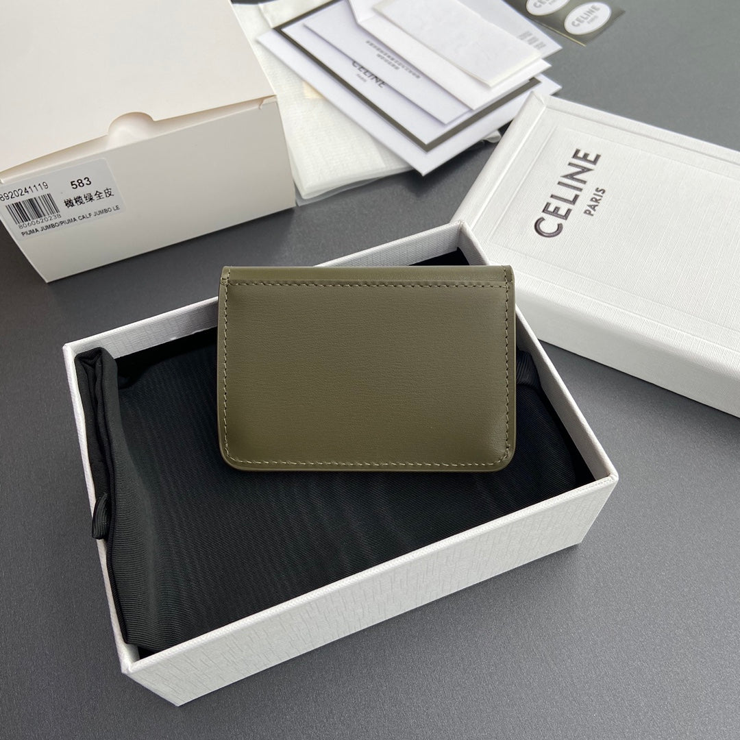 TRIOMPHE 10i583 Flap Card Holder Olive Green Shiny Cowhide