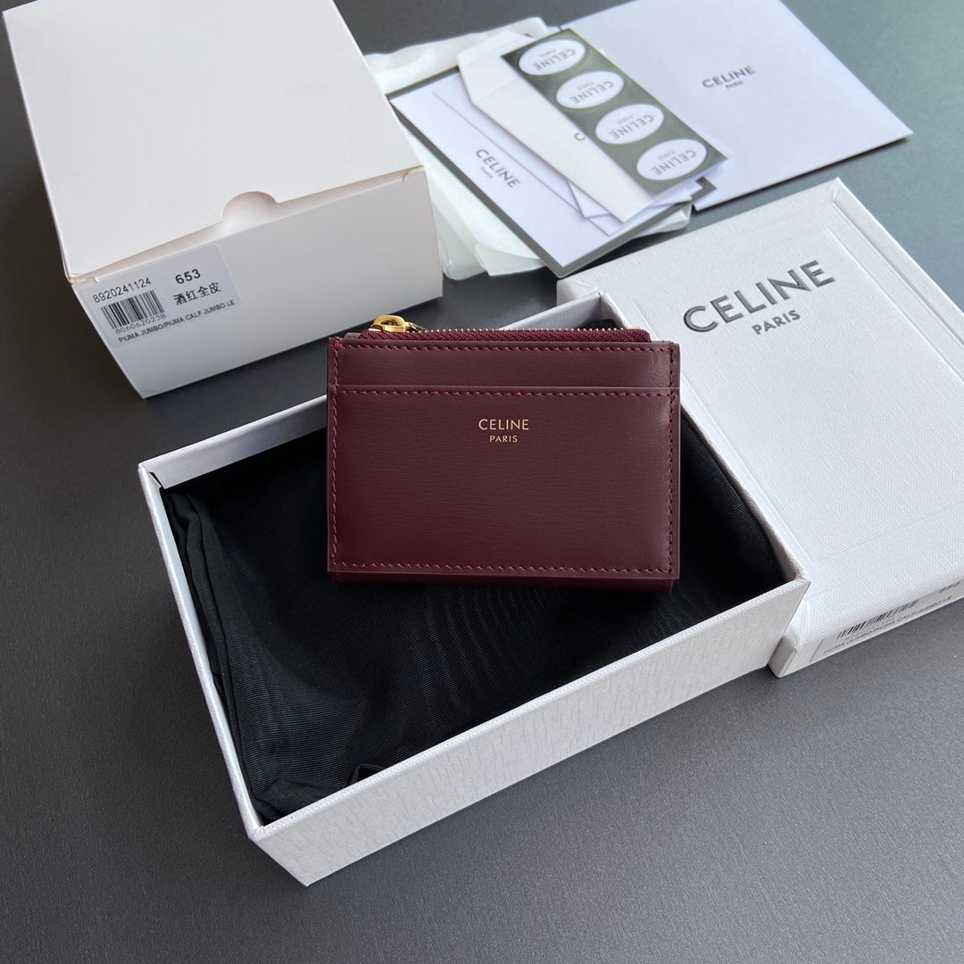 TRIOMPHE Compact Wallet With Coin Purse Burgundy Leather