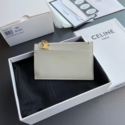 TRIOMPHE Zipped Card Holder Charms Beige Grained Cowhide