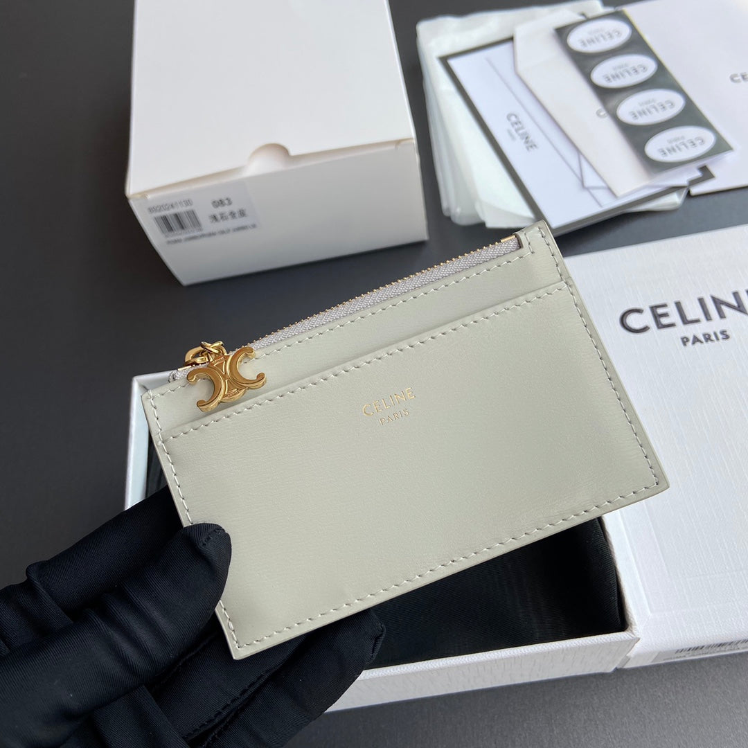 TRIOMPHE Zipped Card Holder Charms Beige Grained Cowhide