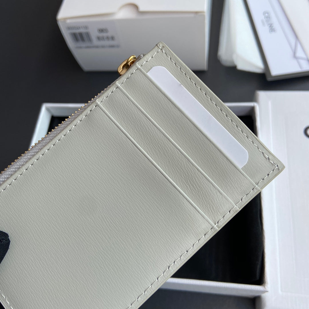 TRIOMPHE Zipped Card Holder Charms Beige Grained Cowhide