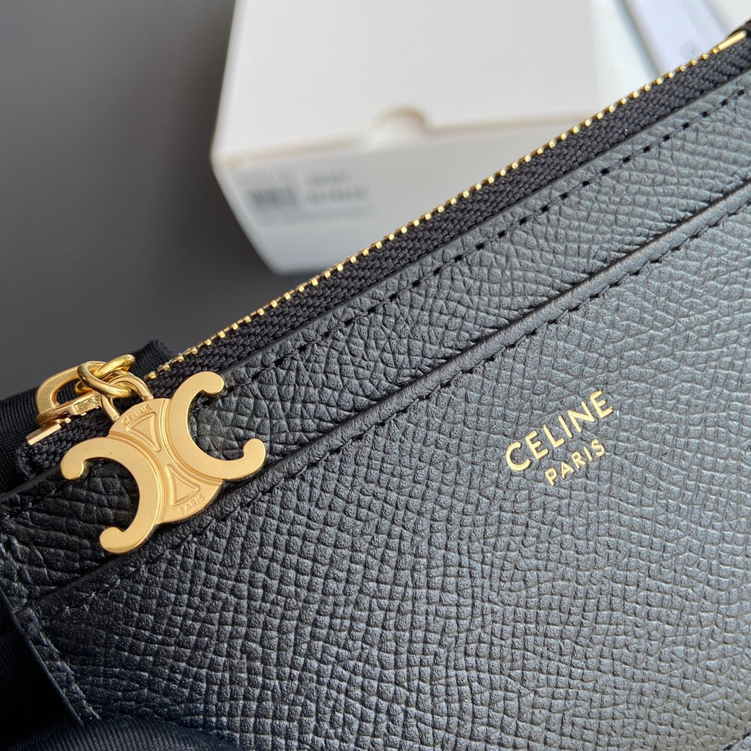 TRIOMPHE Zipped Card Holder Charms Black Grained Cowhide