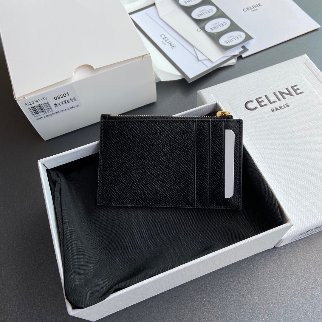 TRIOMPHE Zipped Card Holder Charms Black Grained Cowhide