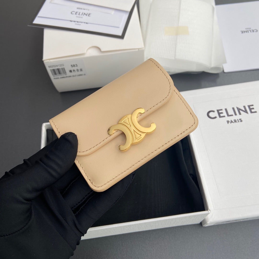 TRIOMPHE 10i583 Flap Card Holder Beige Shiny Cowhide