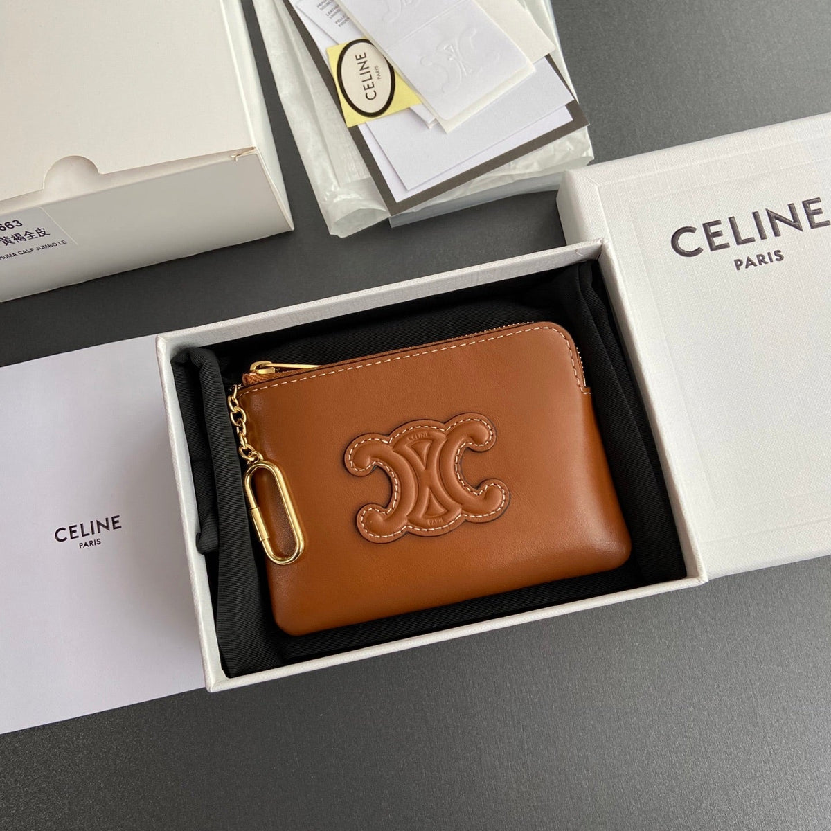 TRIOMPHE Coin Purse Cuir Tan Calfskin