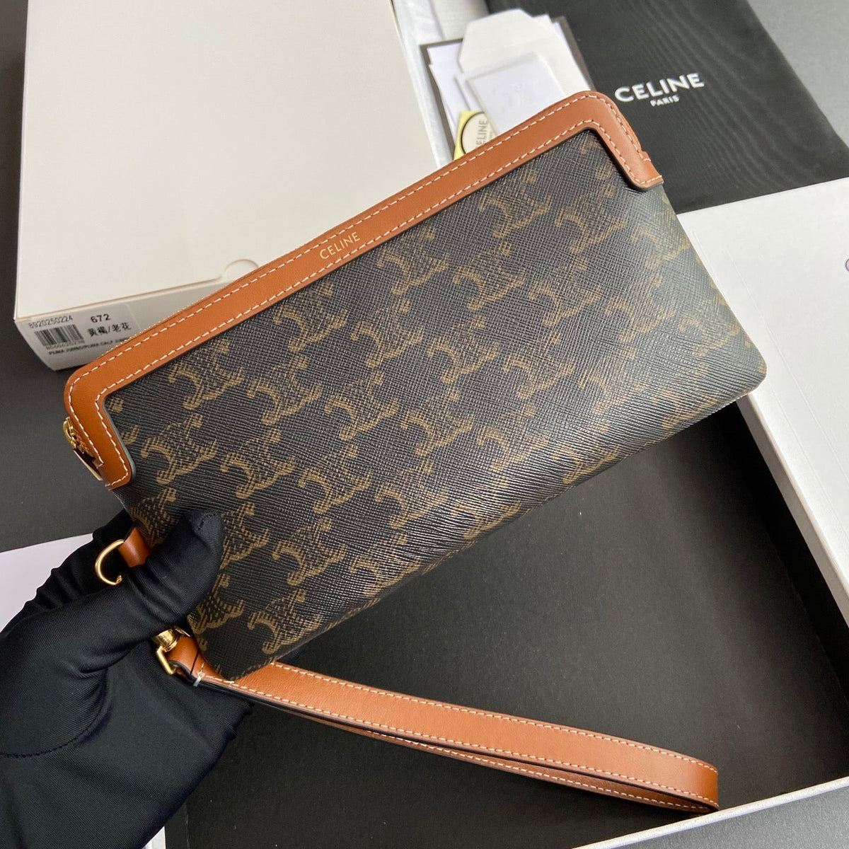 TRIOMPHE Long Pouch With Strap Tan Canvas & Calfskin