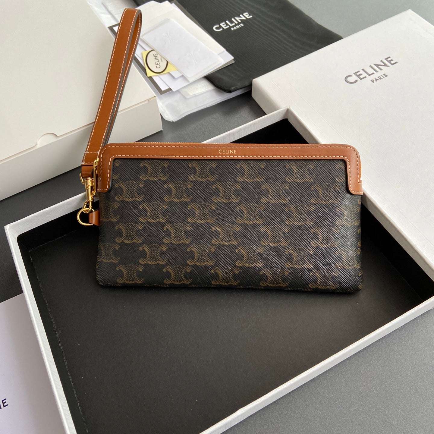 TRIOMPHE Long Pouch With Strap Tan Canvas & Calfskin