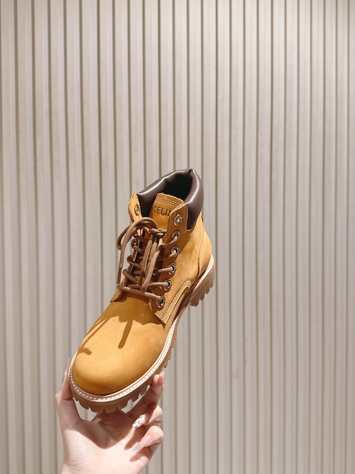 CELINE Kurt Lace-Up Martin Short Boots Light Brown Nubuck Calfskin 452782