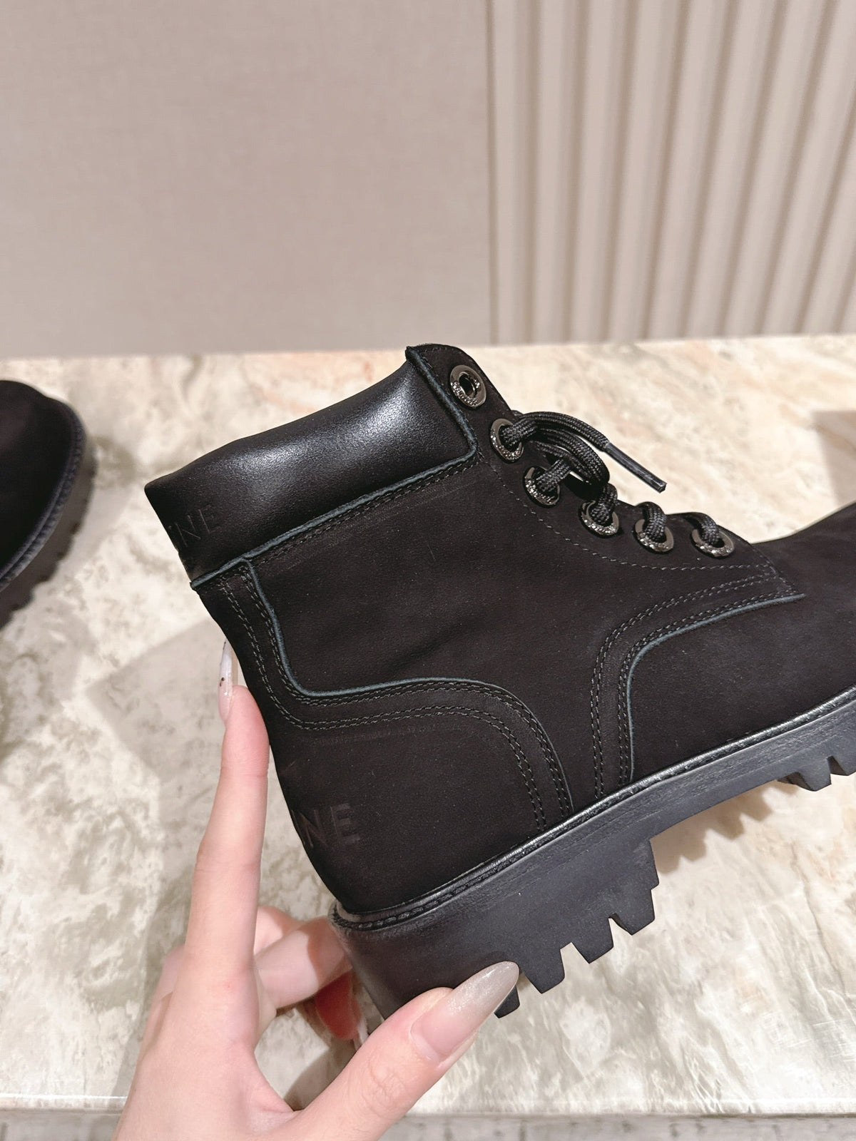 CELINE Kurt Lace-Up Martin Short Boots Black Nubuck Calfskin 452783