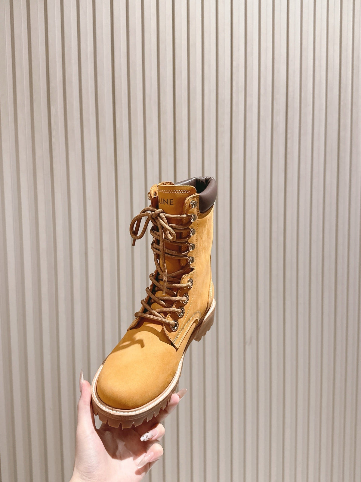 CELINE Kurt Lace-Up Mid Boot Light Brown Nubuck Calfskin 452784