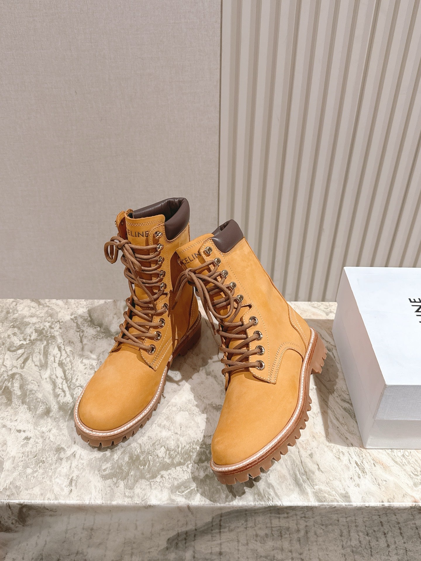 CELINE Kurt Lace-Up Mid Boot Light Brown Nubuck Calfskin 452784