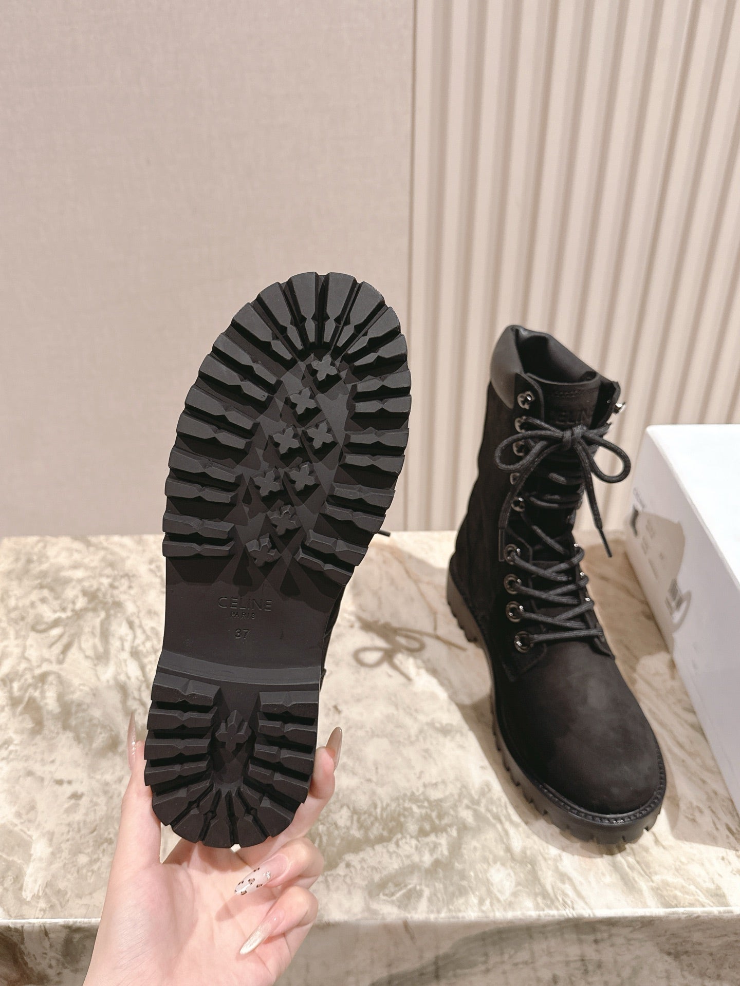 CELINE Kurt Lace-Up Mid Boot Black Nubuck Calfskin 452785