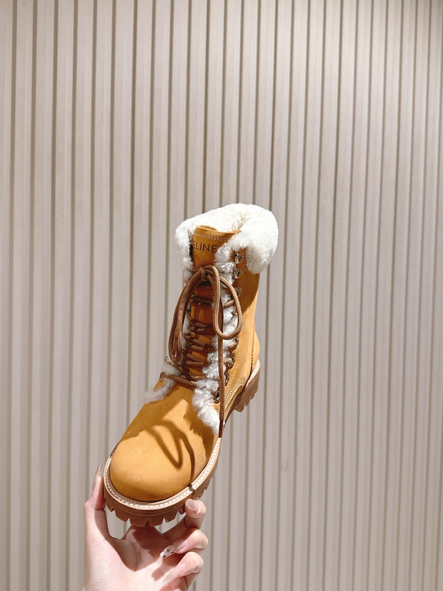 CELINE Kurt Lace-Up Mid Boot Light Brown Nubuck Calfskin And Shearling 452786