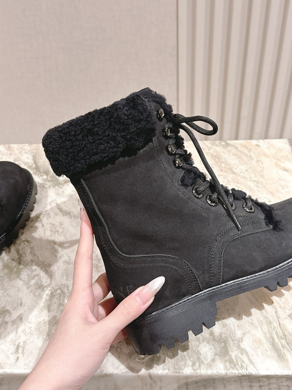 CELINE Kurt Lace-Up Mid Boot Black Nubuck Calfskin And Shearling 452787