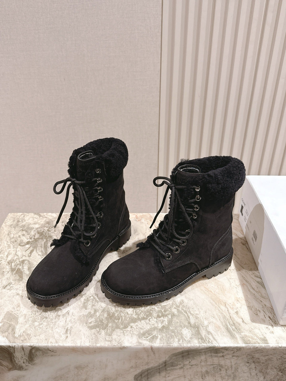 CELINE Kurt Lace-Up Mid Boot Black Nubuck Calfskin And Shearling 452787