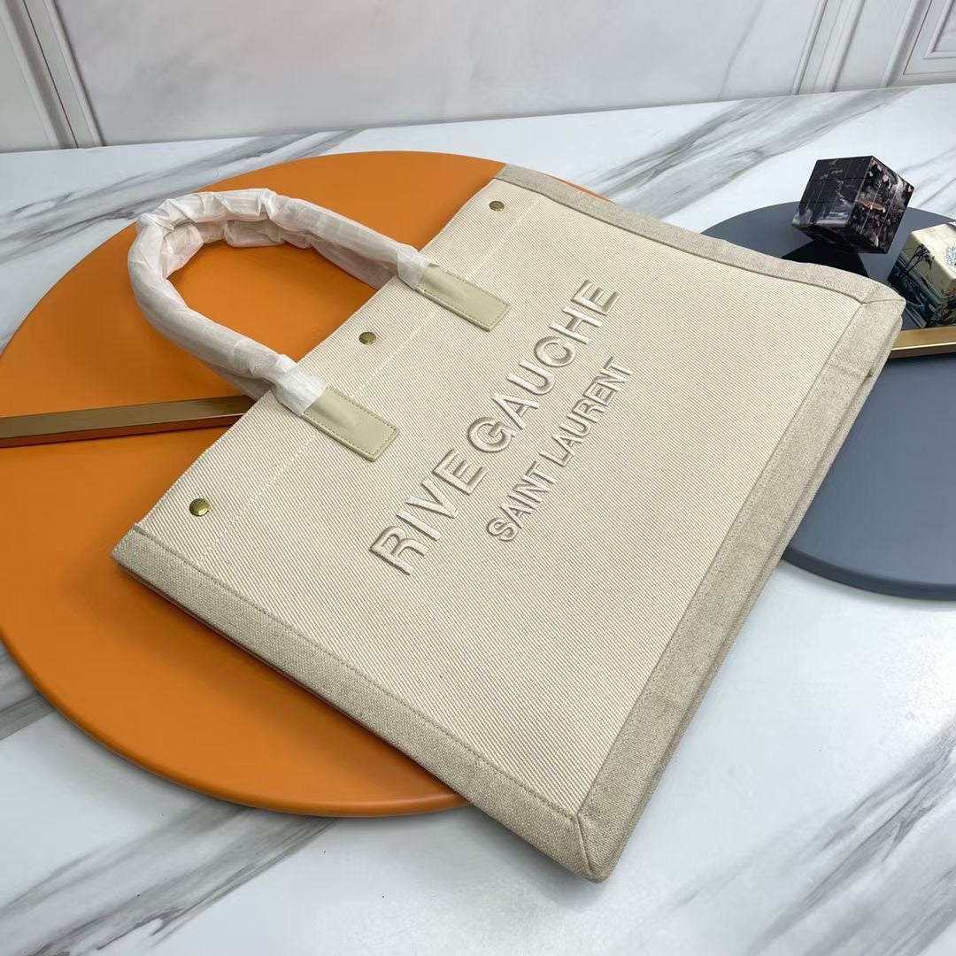 Rive Gauche Tote Ivory Canvas Leather Trim 286036