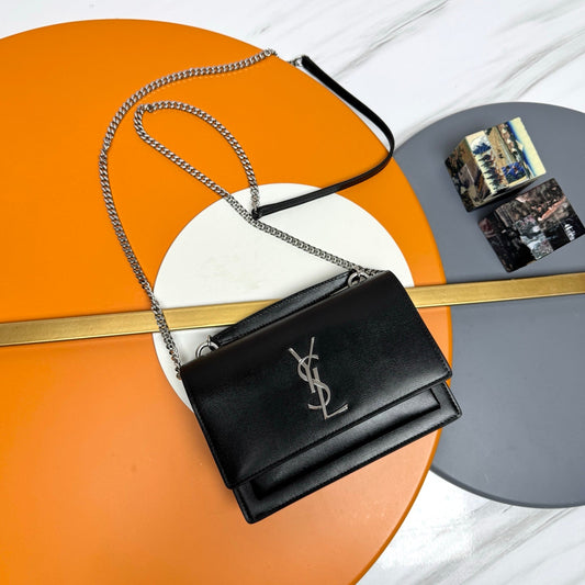 YSL Sunset Bag 19cm Black with Silver hardware in Leather 285686