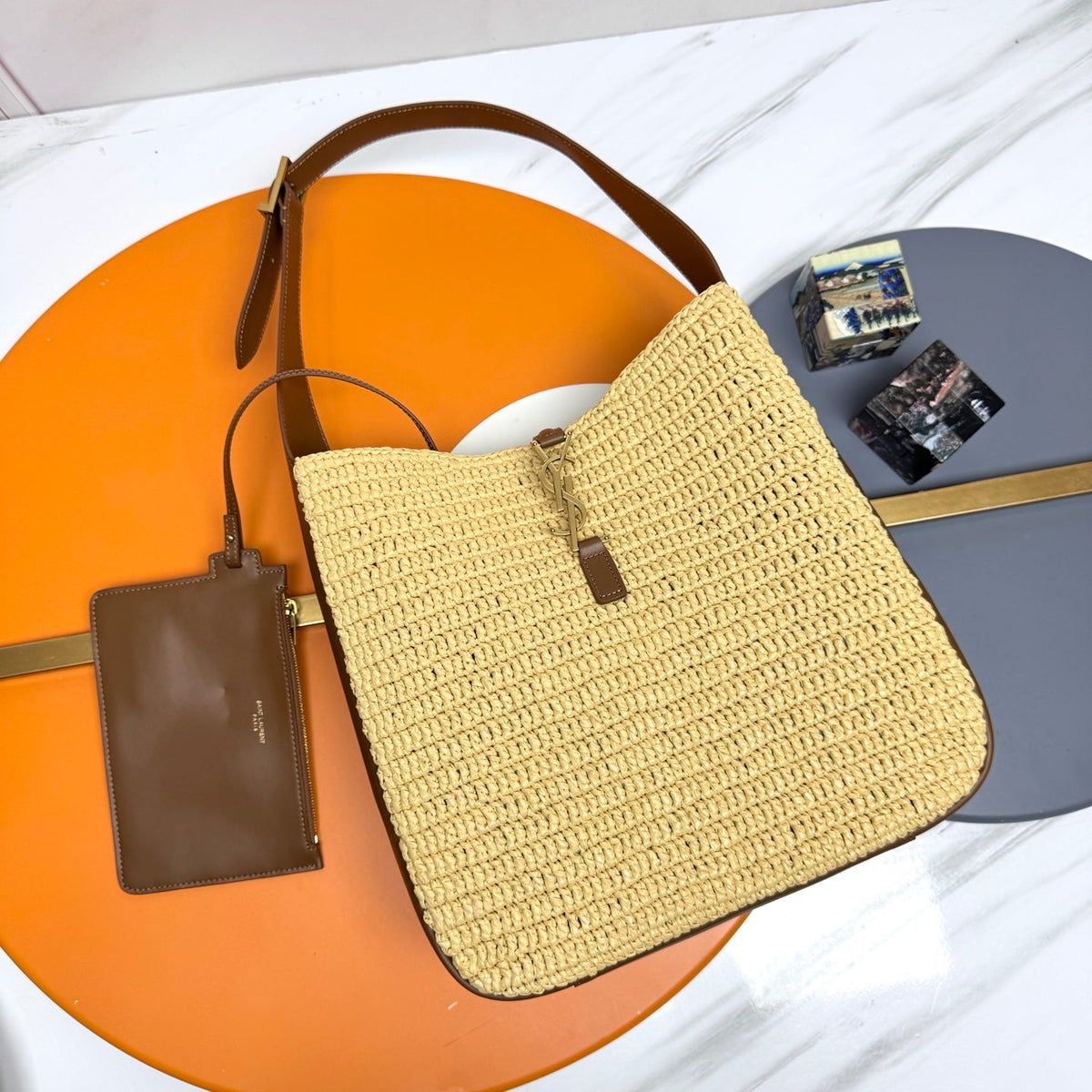 YSL 5A7 Large Bag 30cm Beige Raffia