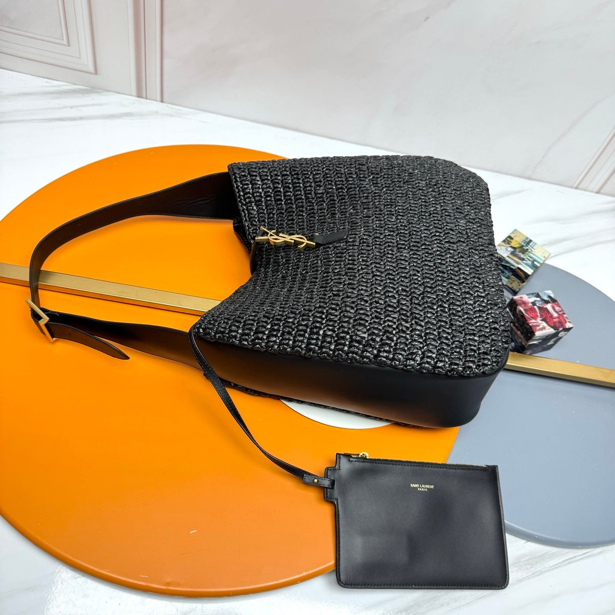 YSL 5A7 Large Bag Black Raffia