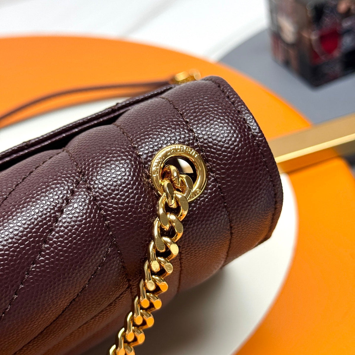 YSL Envelope Small Bag 21cm Burgundy Embossed Leather 285995
