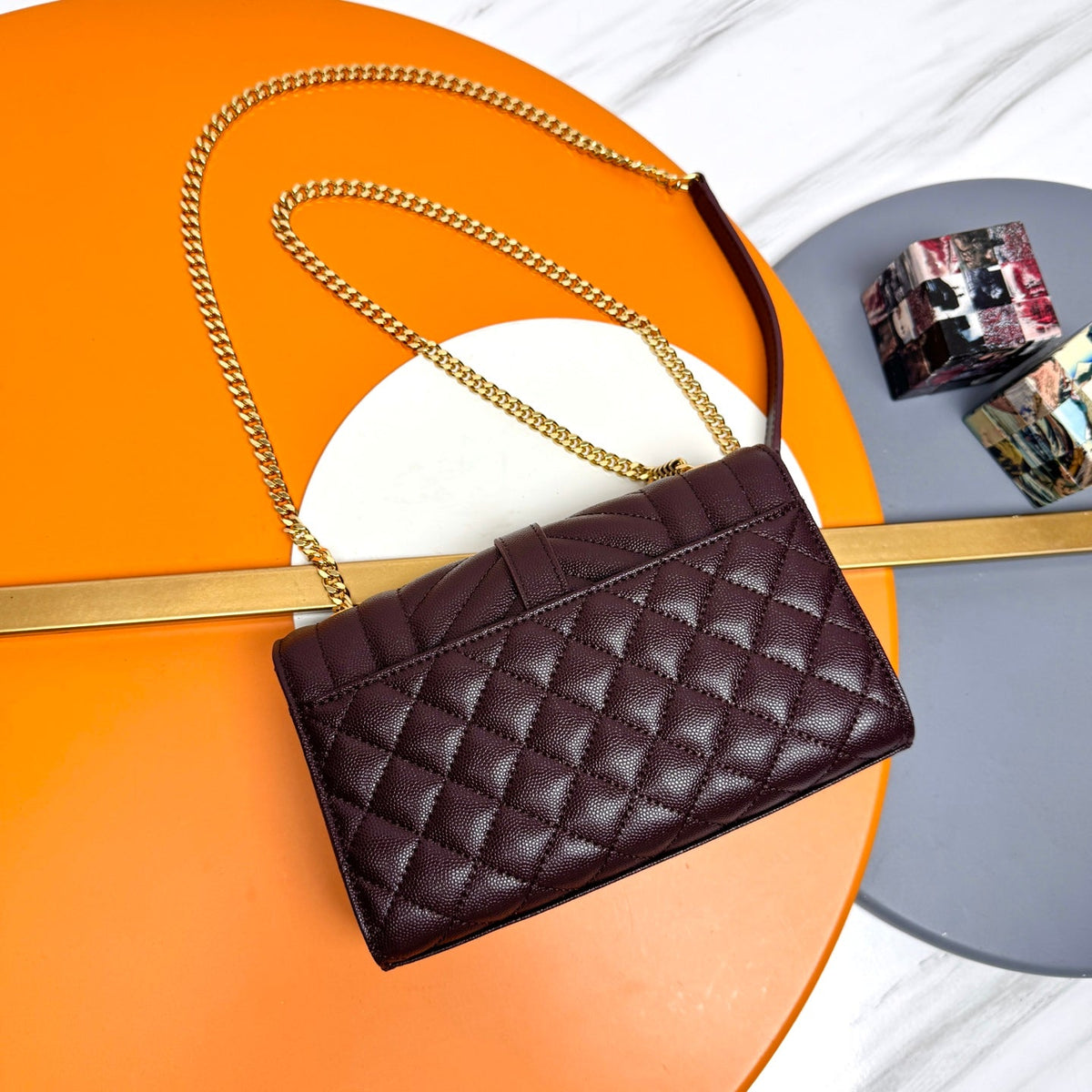 YSL Envelope Small Bag 21cm Burgundy Embossed Leather 285995