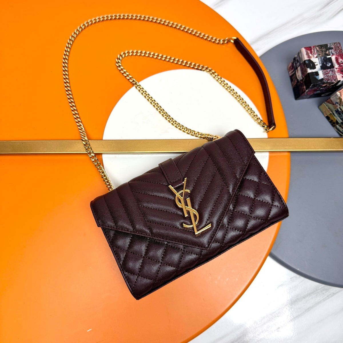 YSL Envelope Small Bag 21cm Burgundy Embossed Leather 285995
