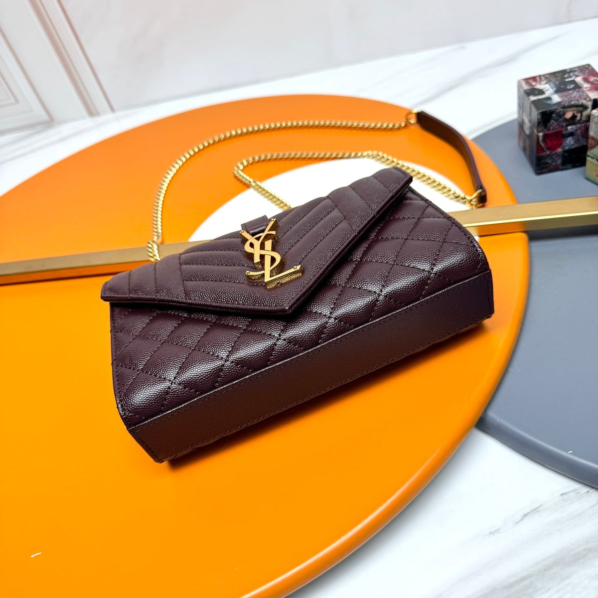 YSL Envelope Small Bag 21cm Burgundy Embossed Leather 285995