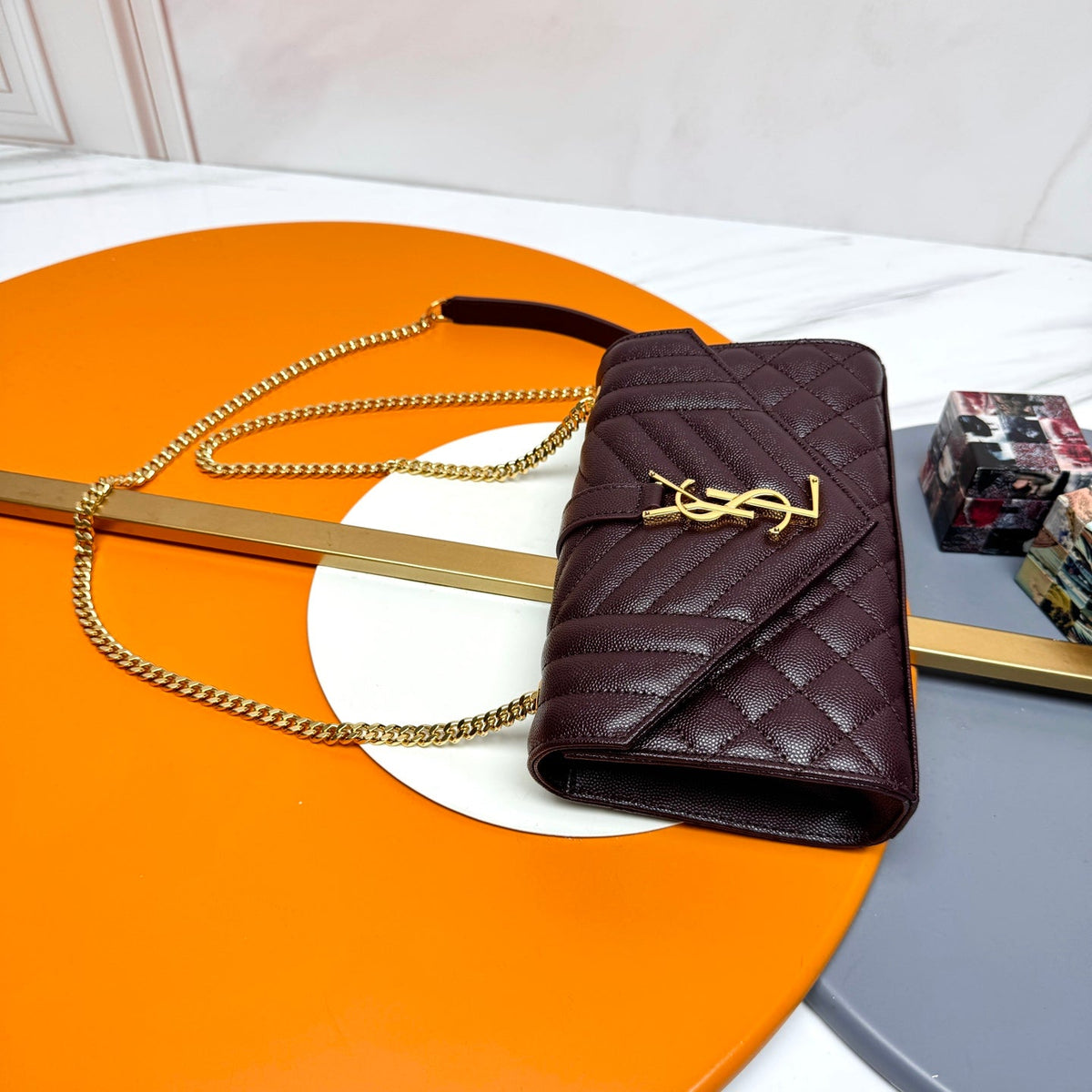 YSL Envelope Small Bag 21cm Burgundy Embossed Leather 285995