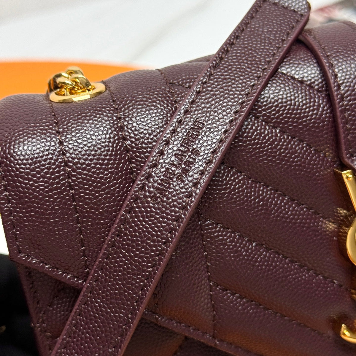 YSL Envelope Small Bag 21cm Burgundy Embossed Leather 285995
