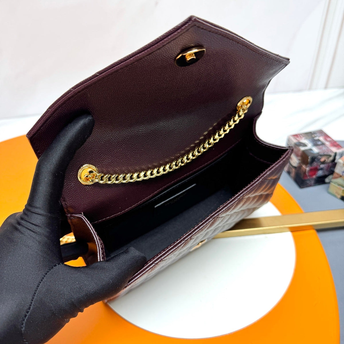 YSL Envelope Small Bag 21cm Burgundy Embossed Leather 285995