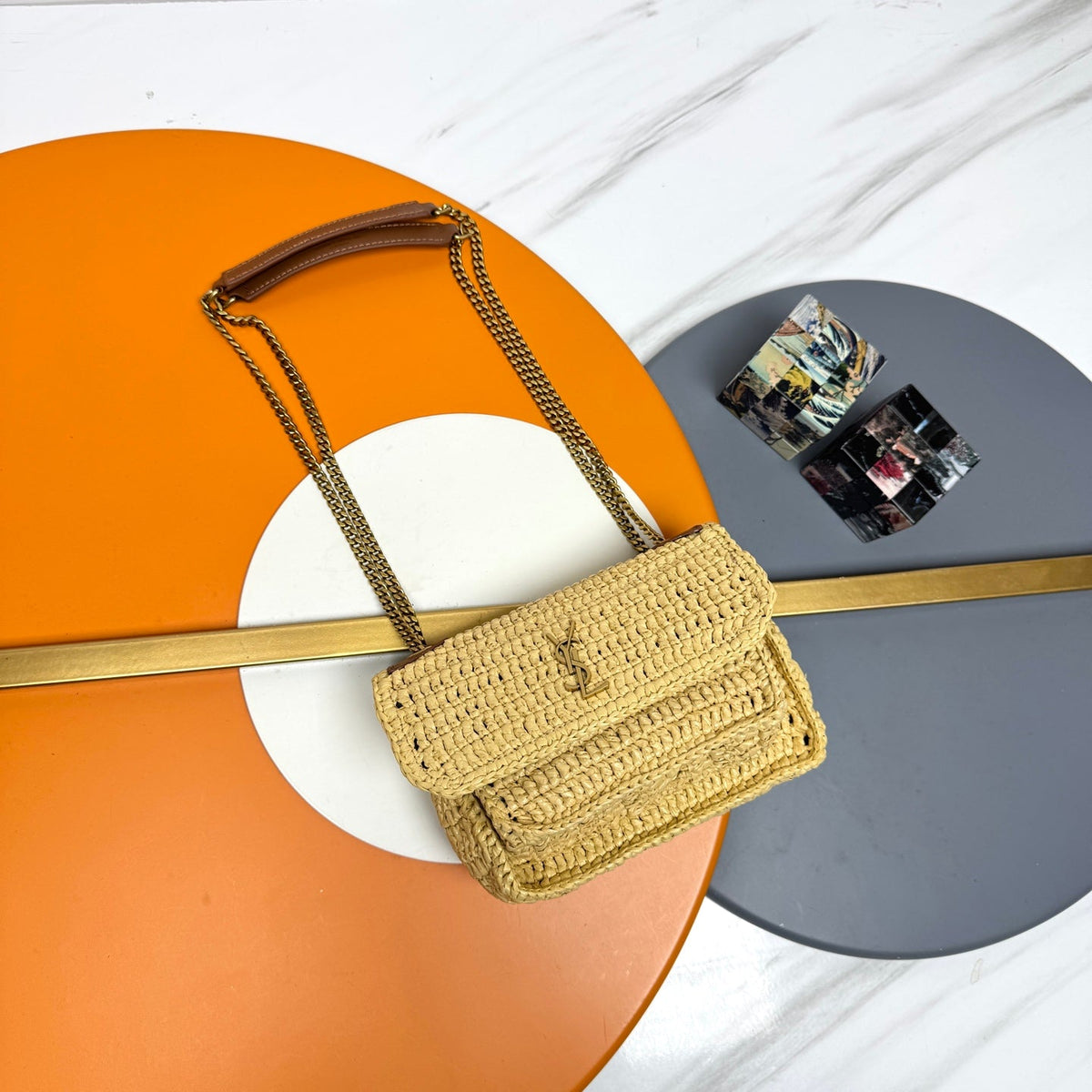 YSL Niki Shoulder Bag 18cm Straw Color in Straw Weaving 285530