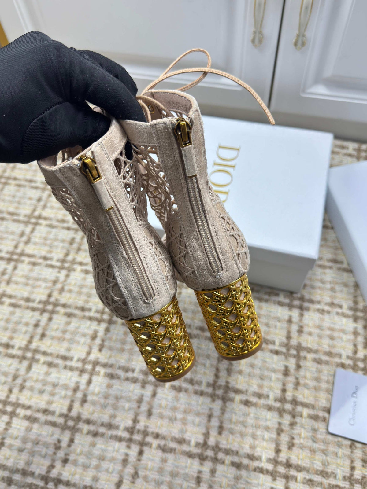 CD 26s Lace Up Ankle Boots 80mm In Beige Openwork Lace Suede Gold Heel