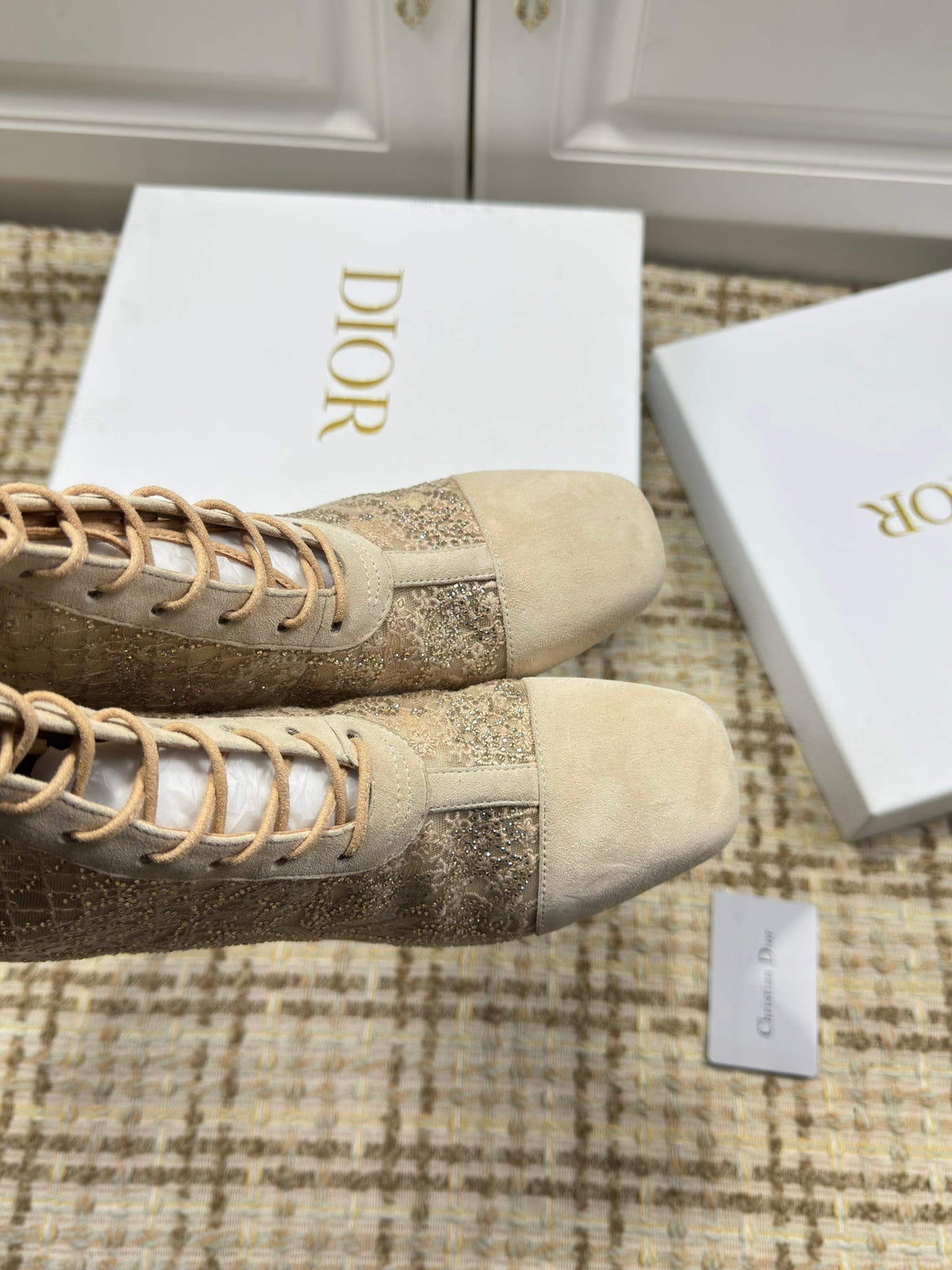 CD 26s Lace Up Ankle Boots 35mm In Beige Lace Suede Block Heel