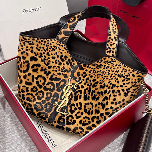 YSL 26s Tote Bag Brown Yellow Leopard Print Horsehair Leather