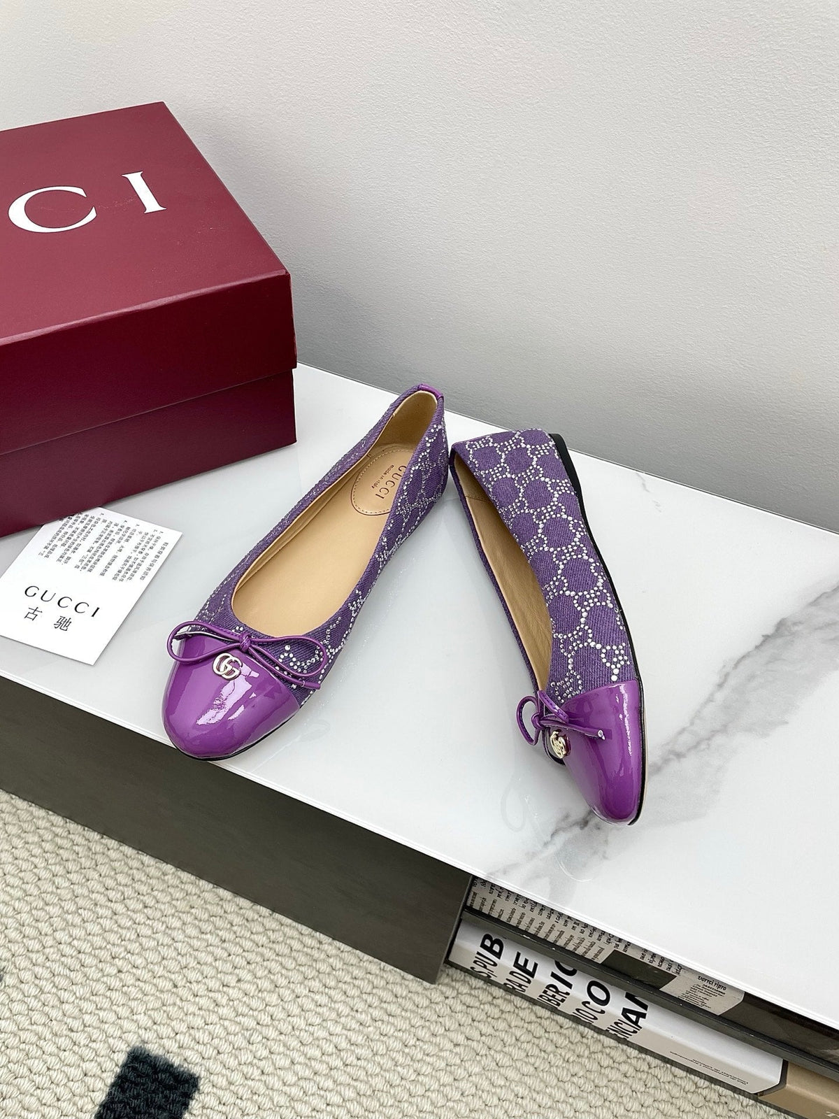 GG Women's Crystal Ballet Flat Purple Denim Patent Leather Trim 511493
