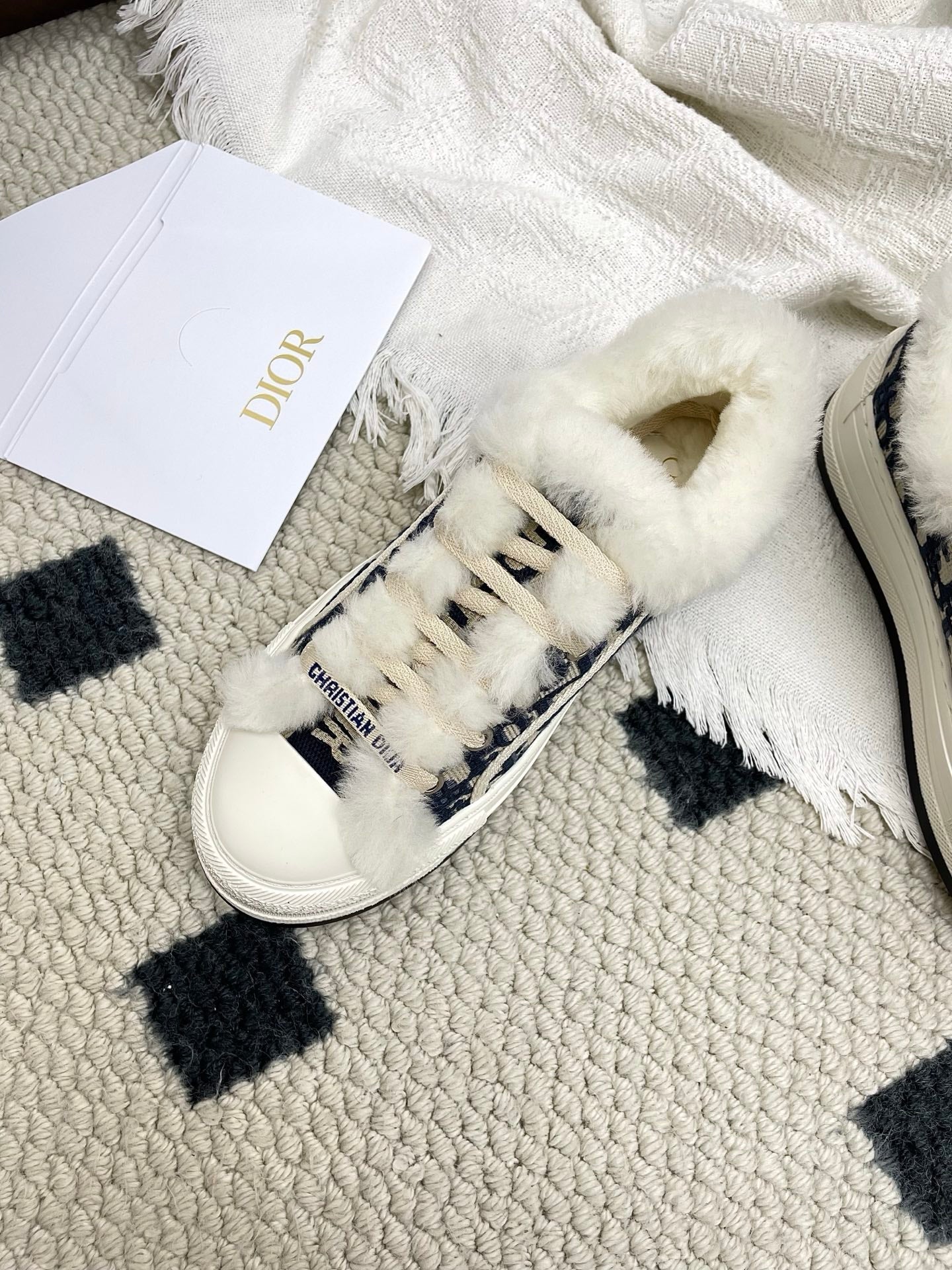 CD Walk'n Dior Platform Sneaker Black Beige Oblique Motif Fabric Wool