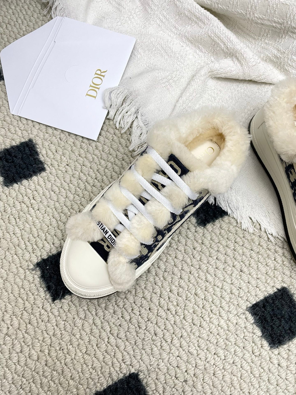 CD Walk'n Dior Platform Sneaker Black Beige Oblique Motif Fabric Wool