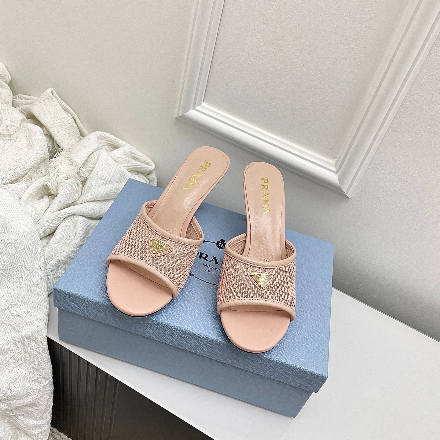 Prada 26s Mules Light Pink Mesh Leather 726972
