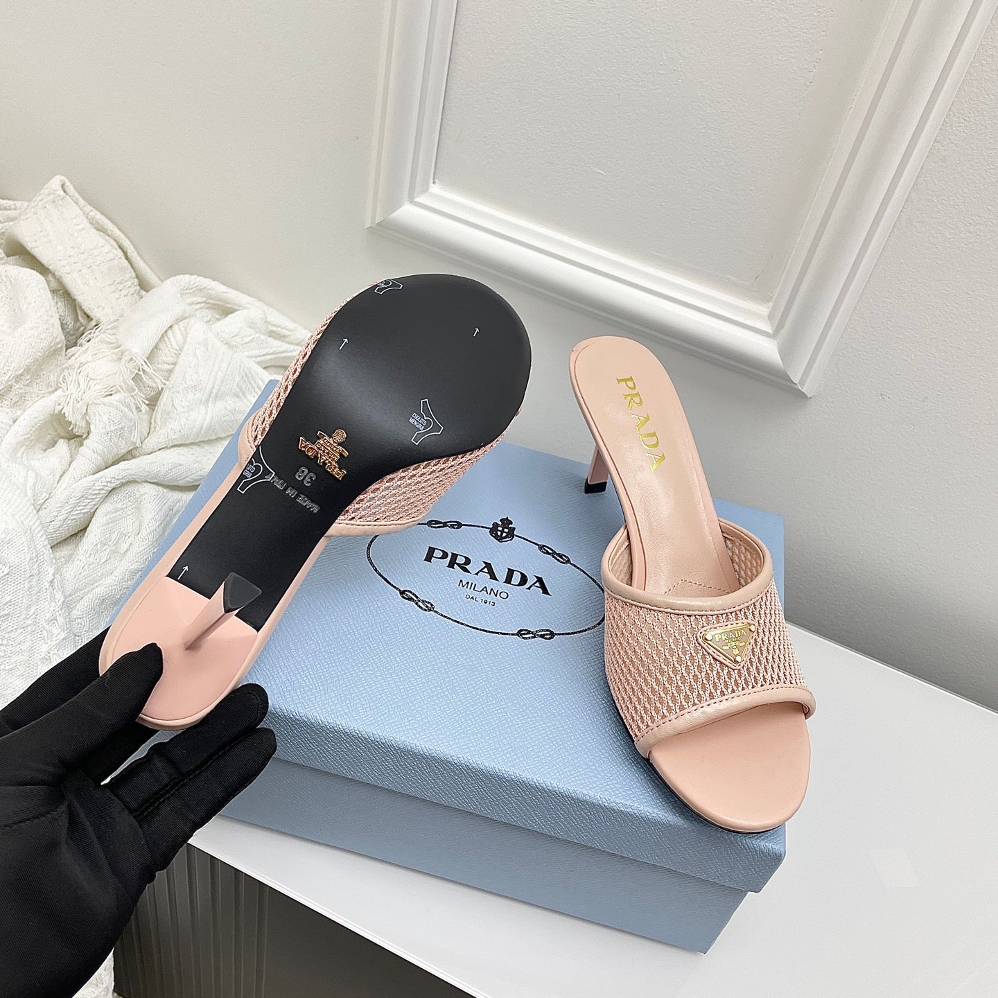Prada 26s Mules Light Pink Mesh Leather 726972