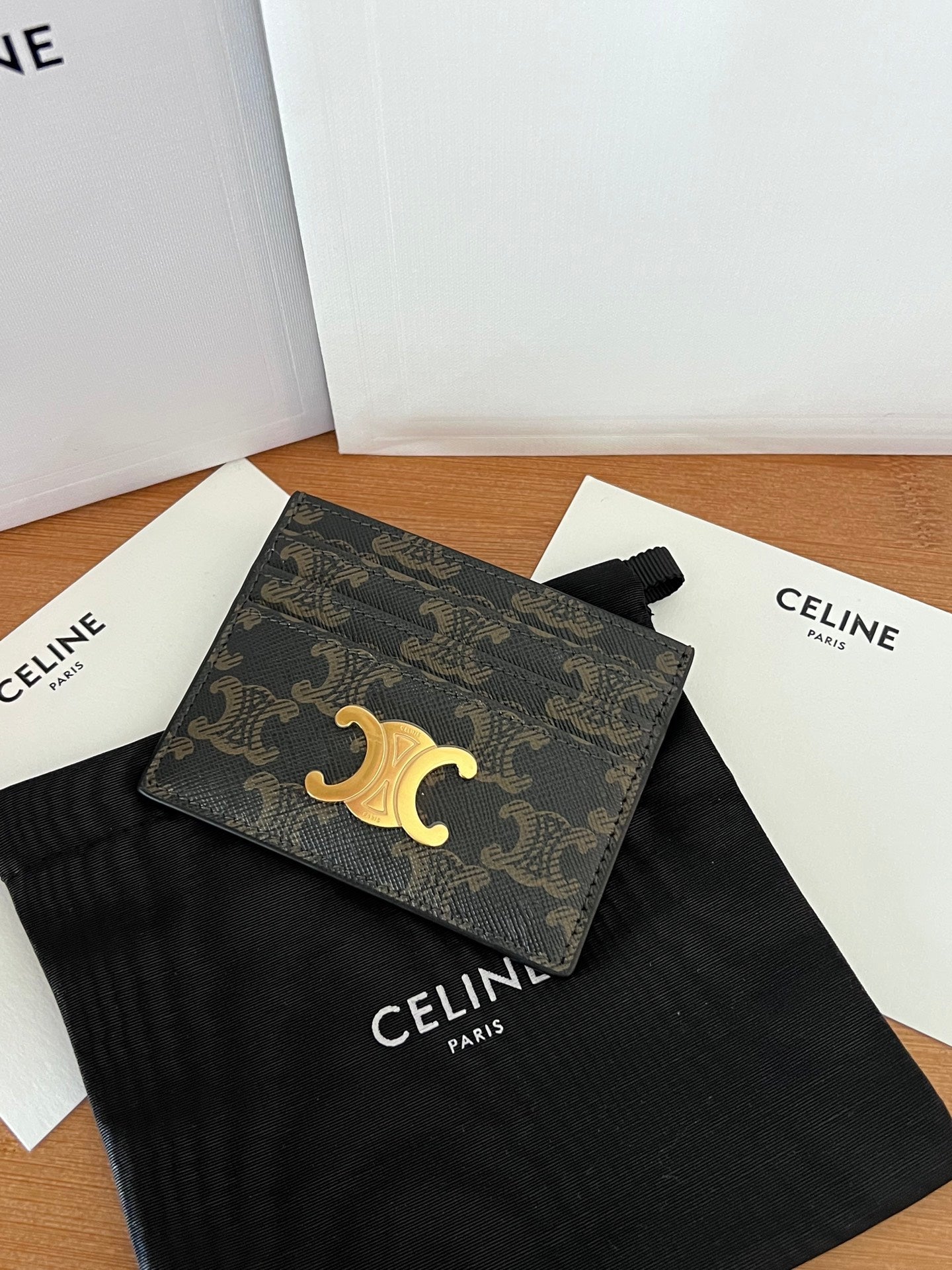 TRIOMPHE Card Holder Black Cowhide&Fabric GHW