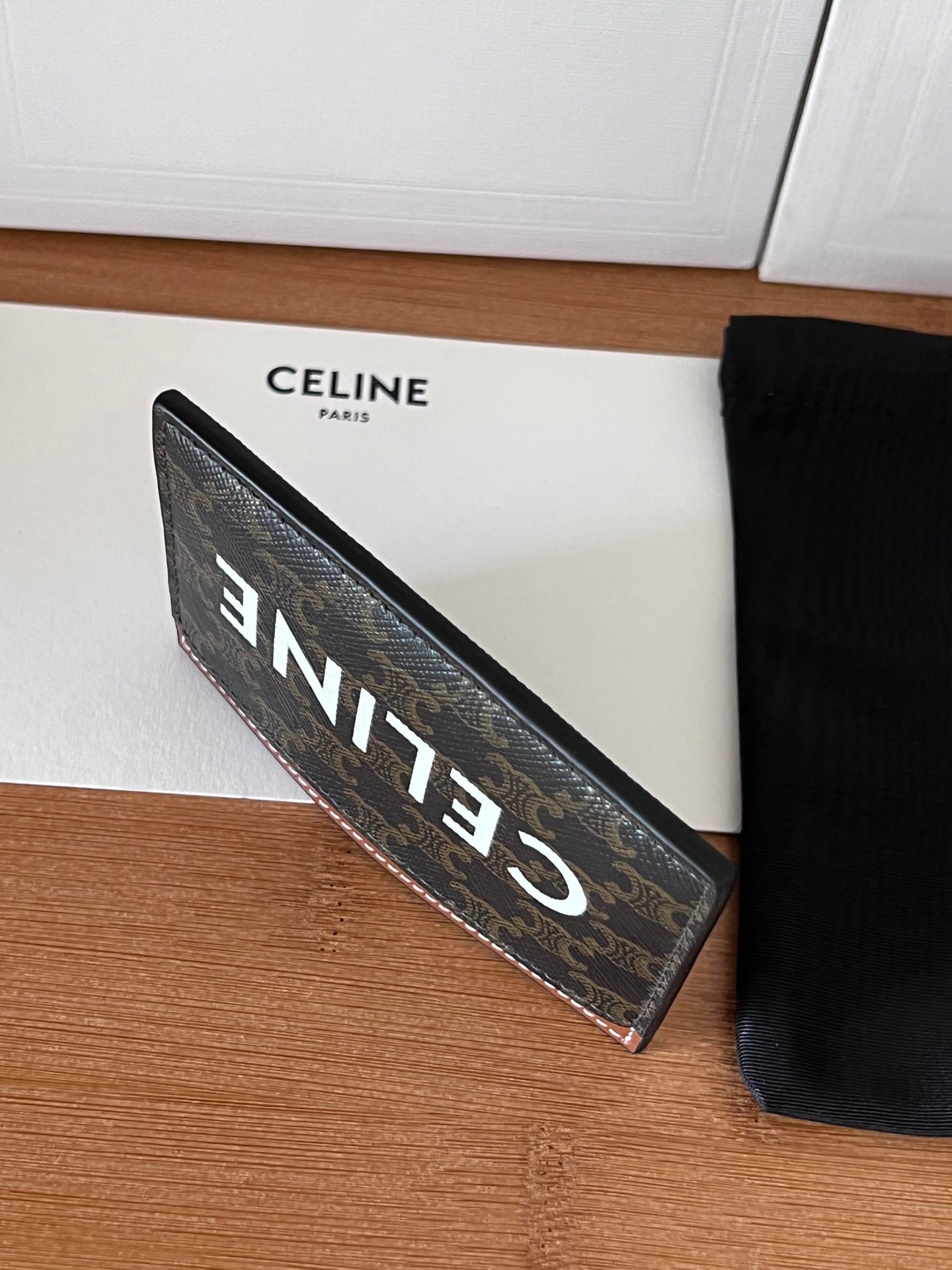 TRIOMPHE 10B702 Card Holder Logo Print Tan Cowhide& Fabric