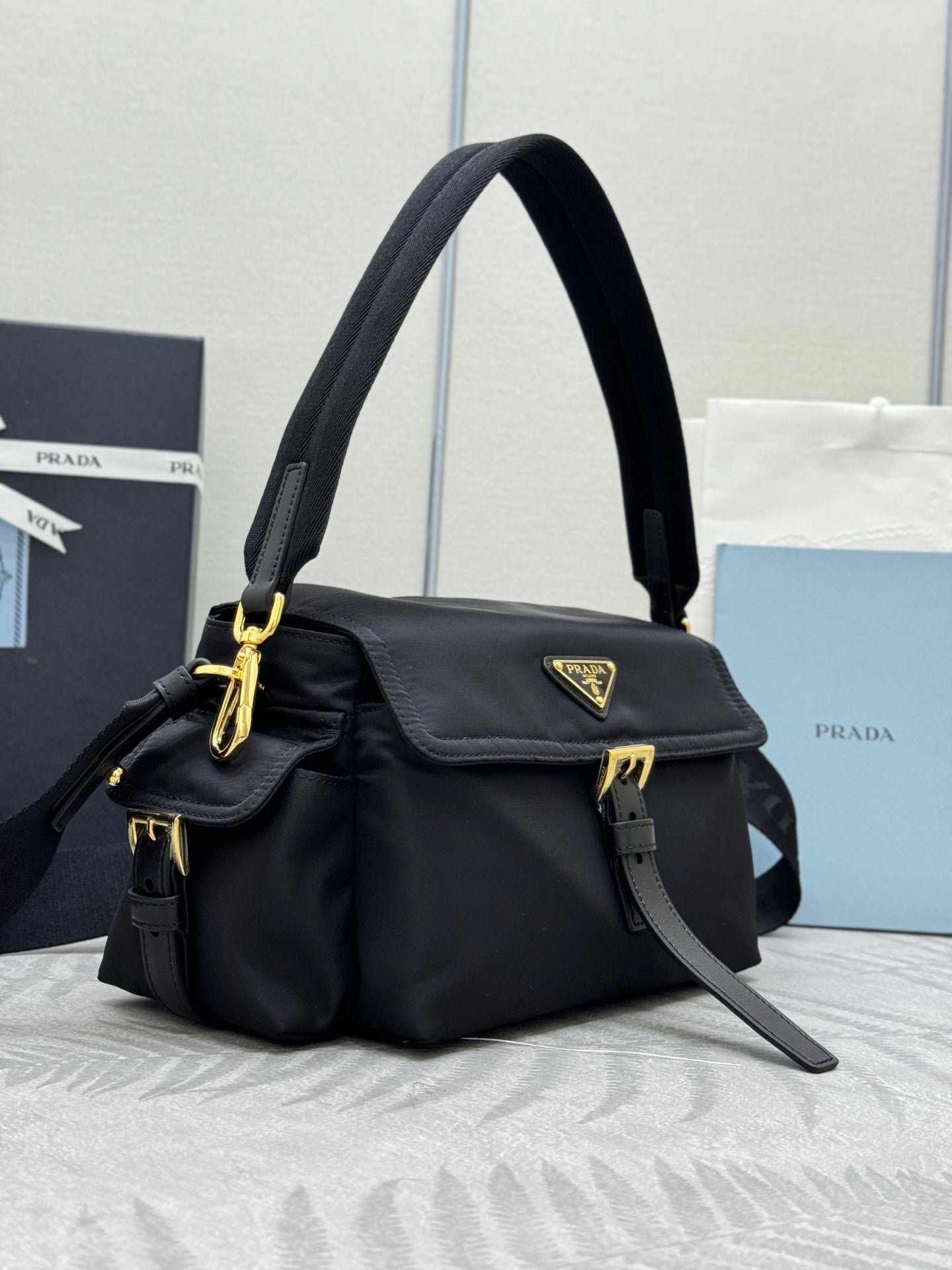Pra Explore Medium Shoulder Bag With Flap Black Nylon 294024