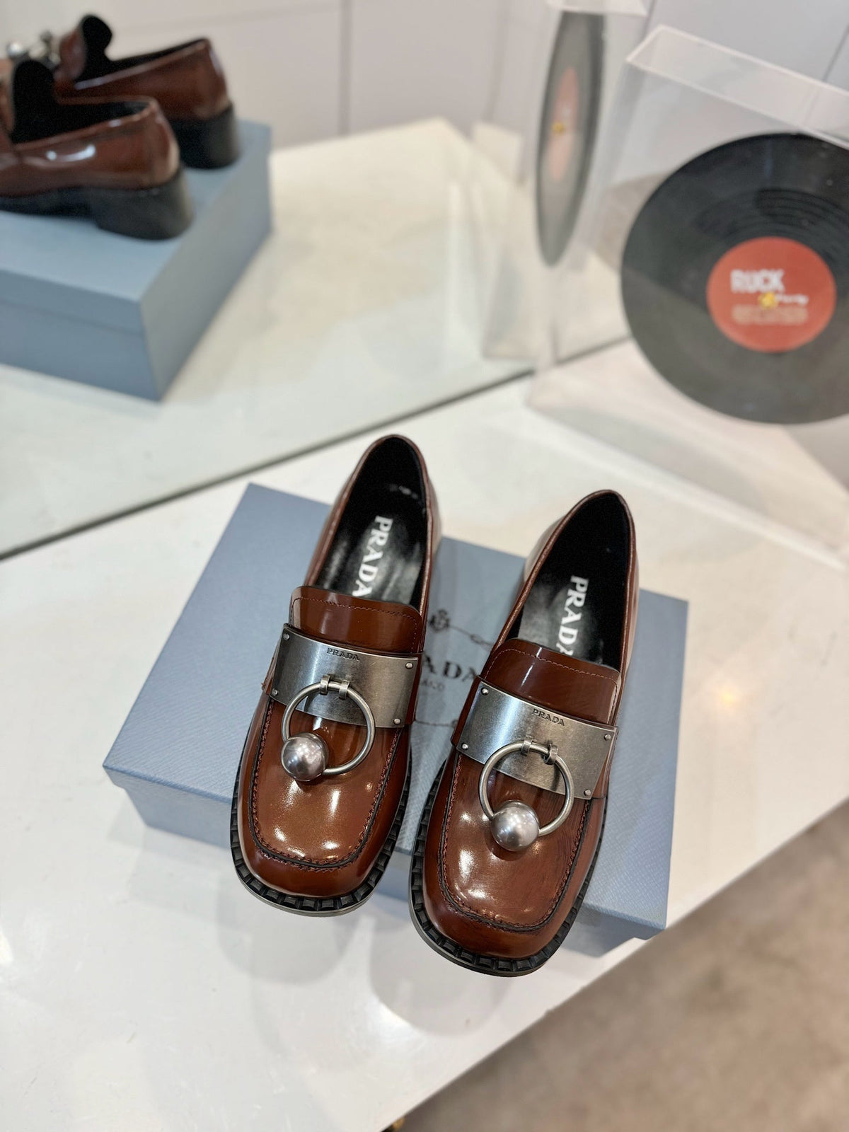 Prada 26s Ball Chain Loafers Brown Brushed Leather 941514
