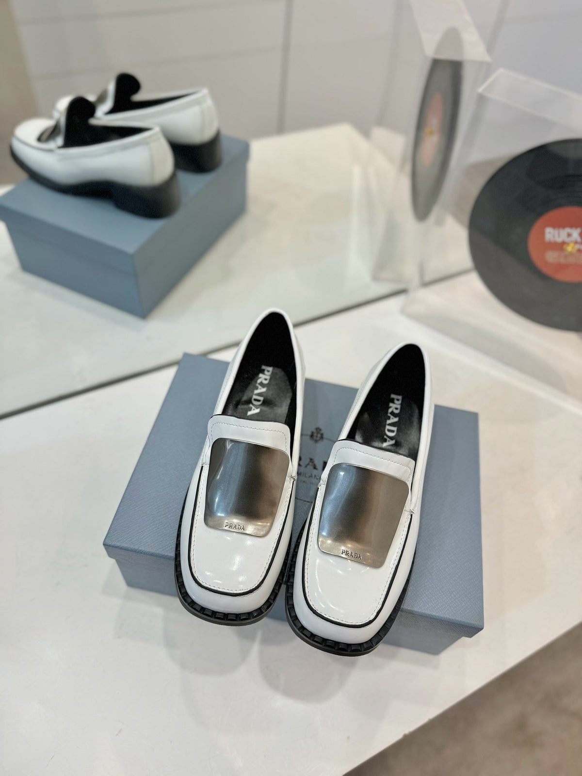 Prada 26s Metal Plate Loafers White Brushed Leather 941512