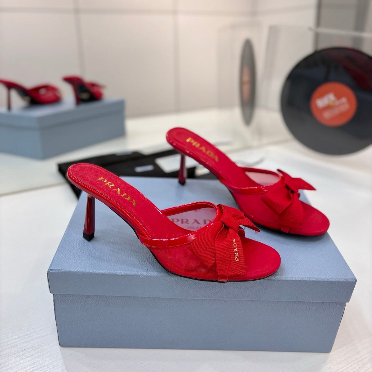 Prada Mesh 7.5cm Red Fabric Mules 834603