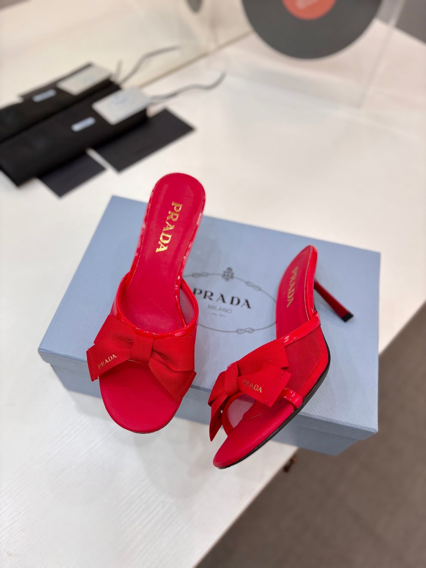 Prada Mesh 7.5cm Red Fabric Mules 834603